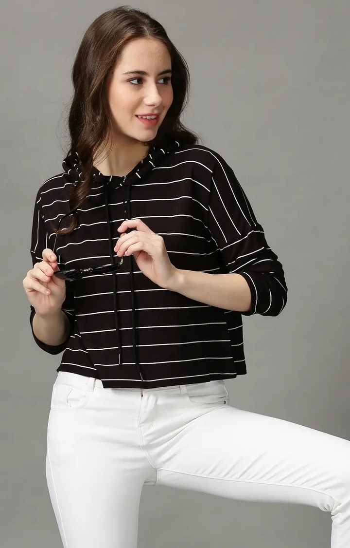Showoff | SHOWOFF Women Black Striped  Hooded Full Sleeves Crop Top 1