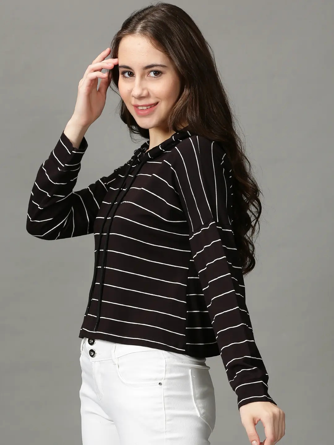 Showoff | SHOWOFF Women Black Striped  Hooded Full Sleeves Crop Top 2