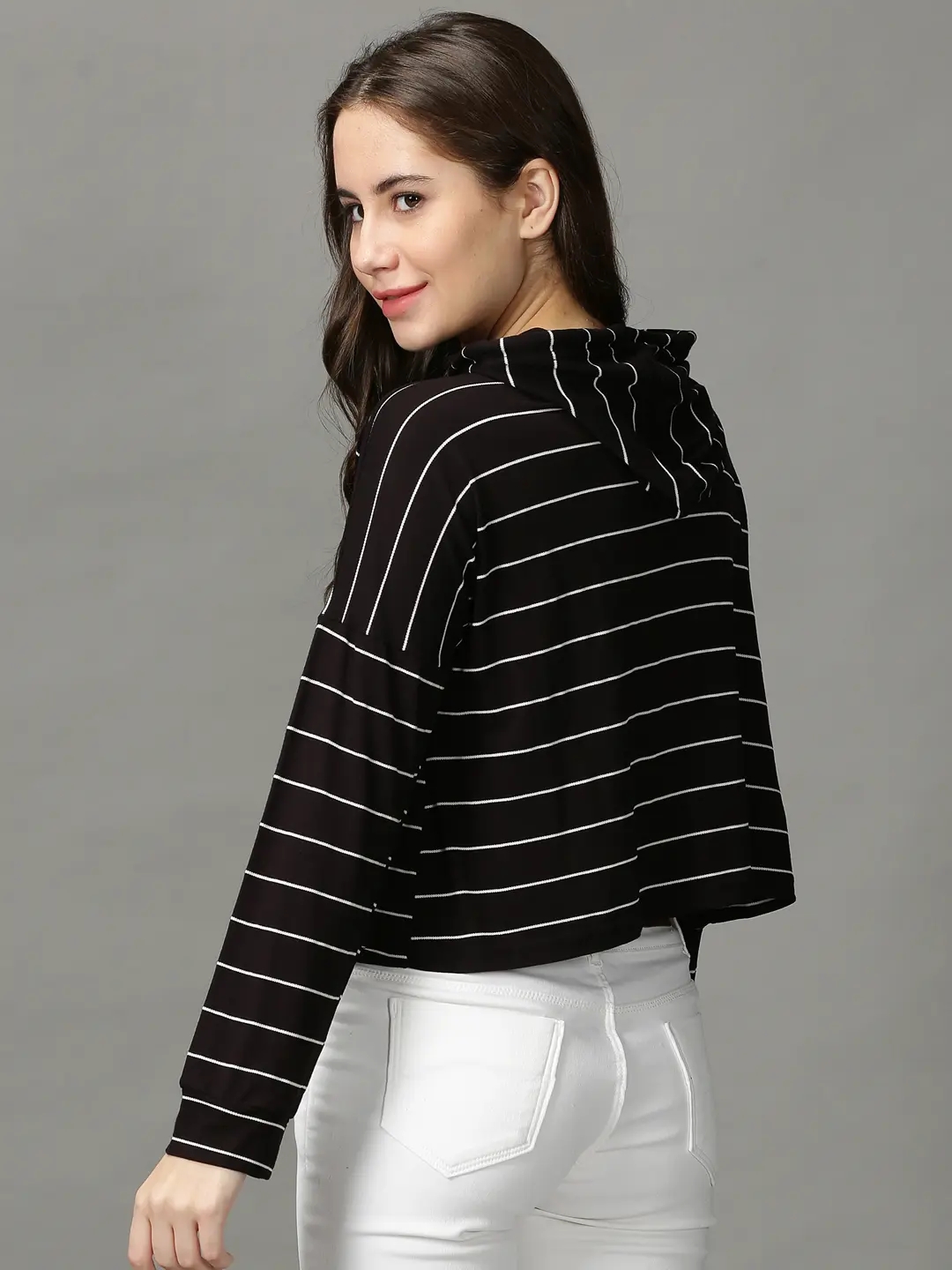 Showoff | SHOWOFF Women Black Striped  Hooded Full Sleeves Crop Top 3