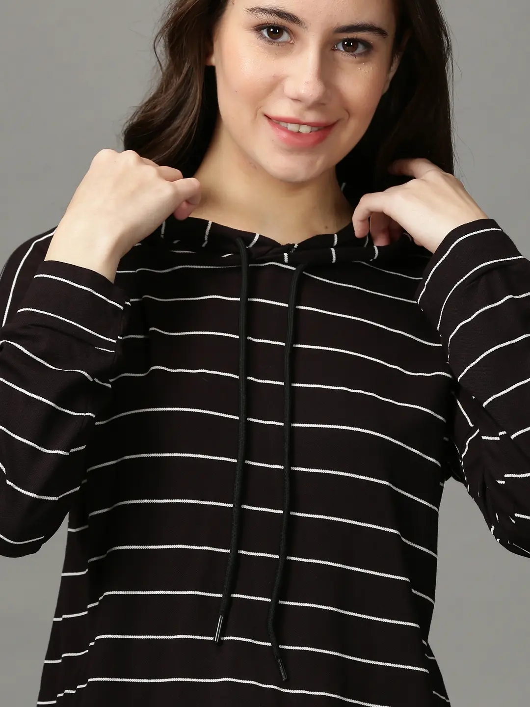 Showoff | SHOWOFF Women Black Striped  Hooded Full Sleeves Crop Top 5