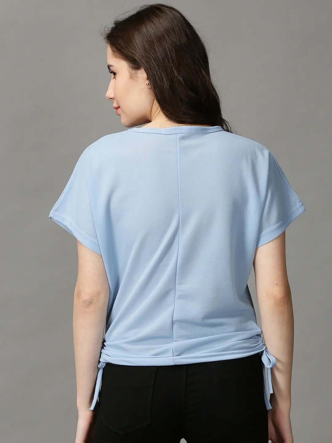 Showoff | SHOWOFF Women Blue Solid  Round Neck Short Sleeves Regular Boxy Top 3