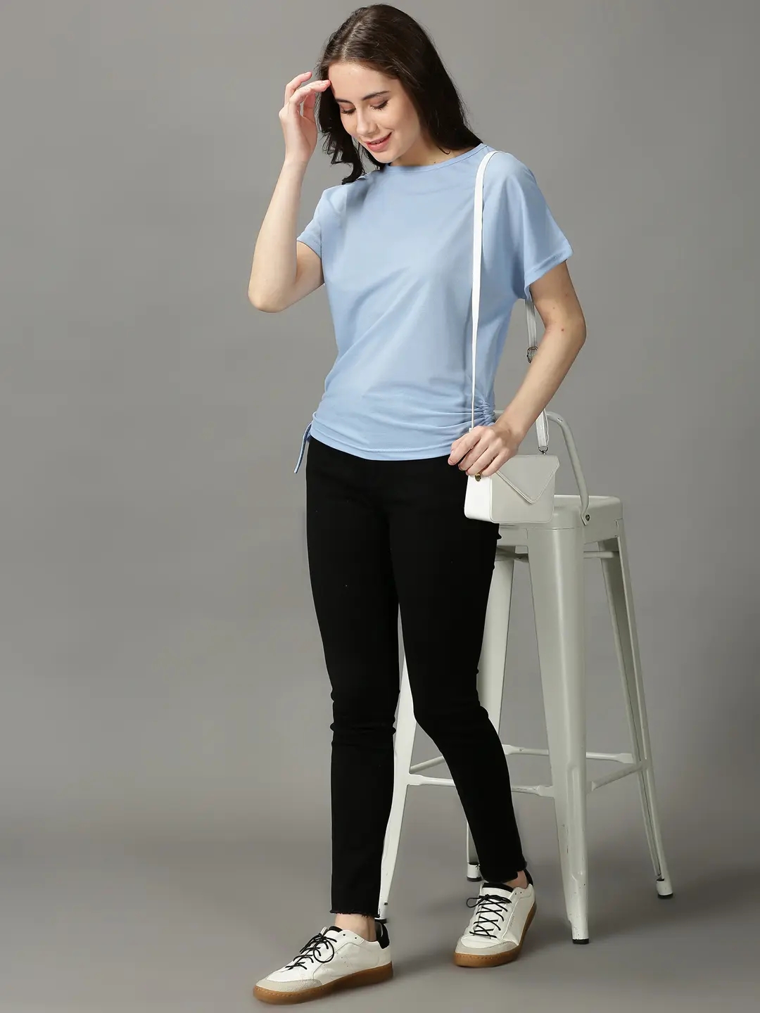 Showoff | SHOWOFF Women Blue Solid  Round Neck Short Sleeves Regular Boxy Top 4