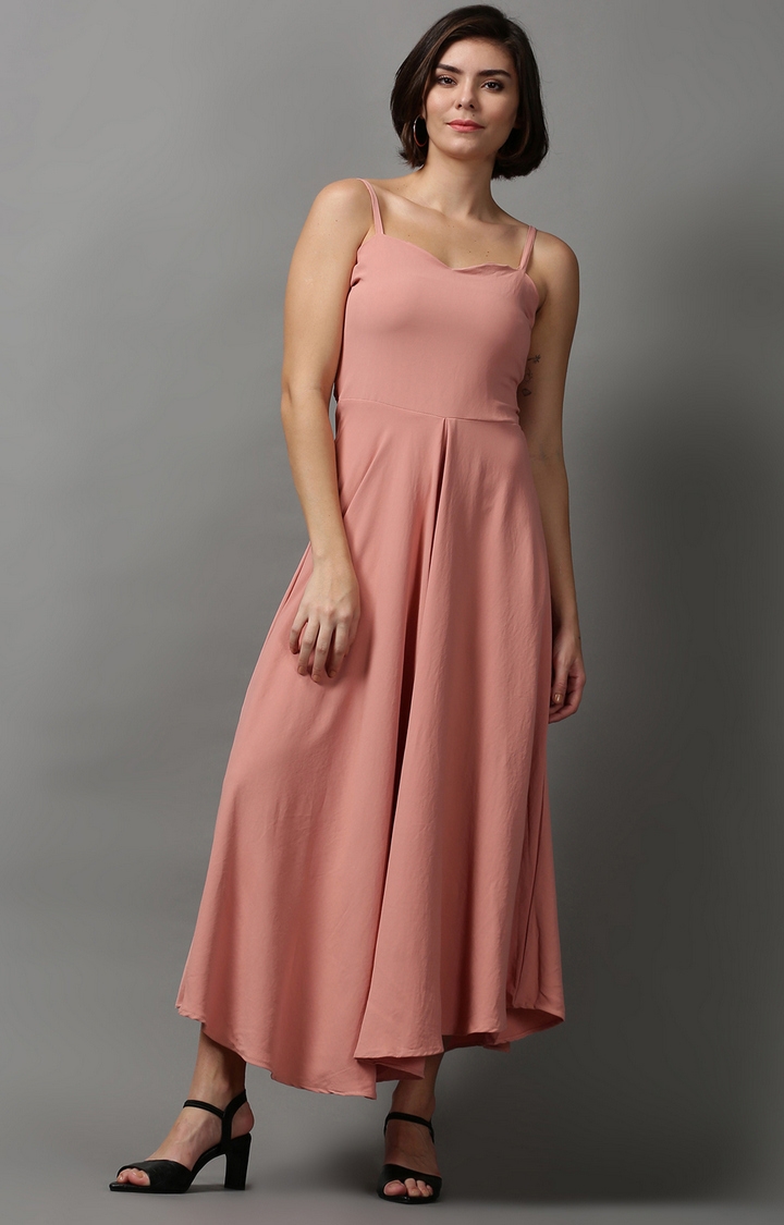 Showoff | SHOWOFF Women Peach Solid Sweetheart Neckline Sleeveless Maxi Fit and Flare Dress 0