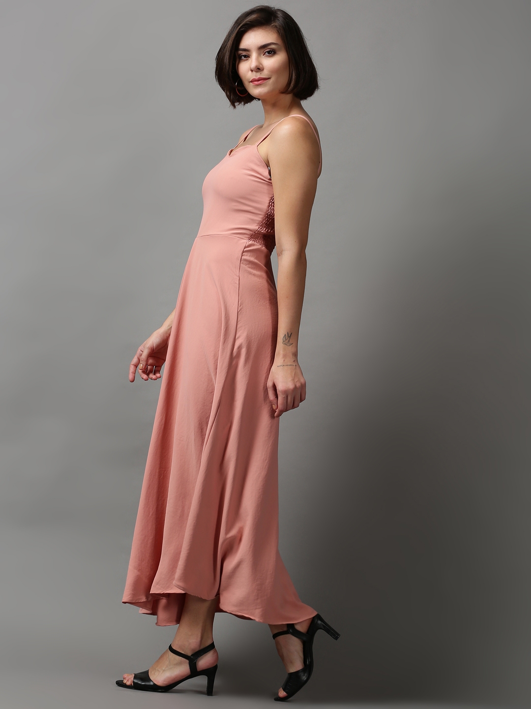 Showoff | SHOWOFF Women Peach Solid Sweetheart Neckline Sleeveless Maxi Fit and Flare Dress 2