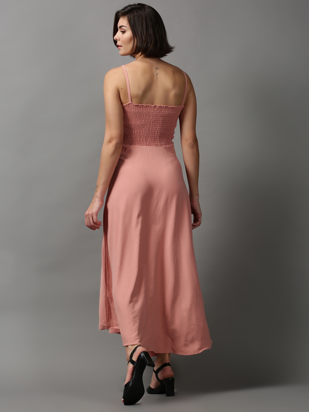 Showoff | SHOWOFF Women Peach Solid Sweetheart Neckline Sleeveless Maxi Fit and Flare Dress 3