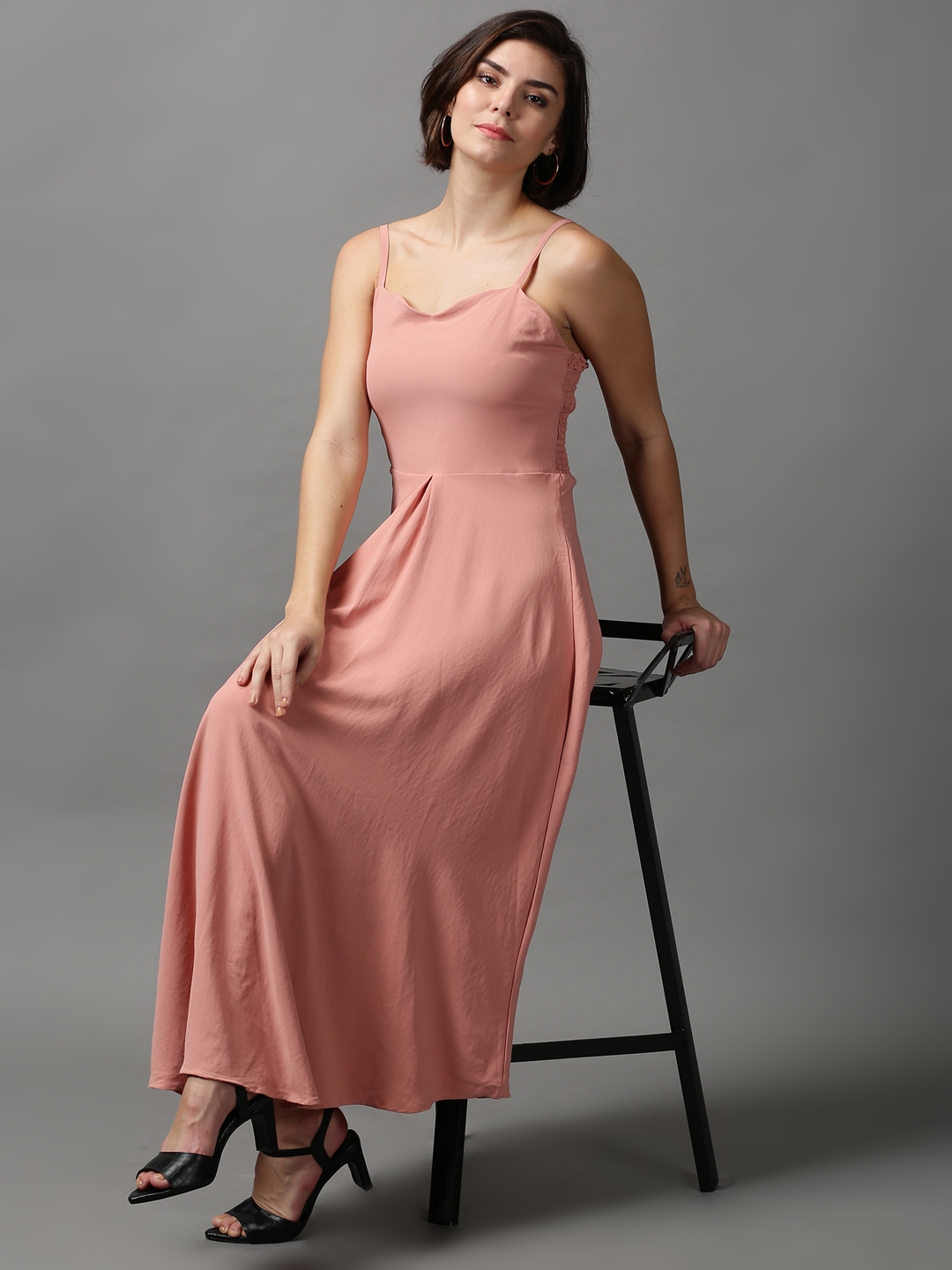 Showoff | SHOWOFF Women Peach Solid Sweetheart Neckline Sleeveless Maxi Fit and Flare Dress 4