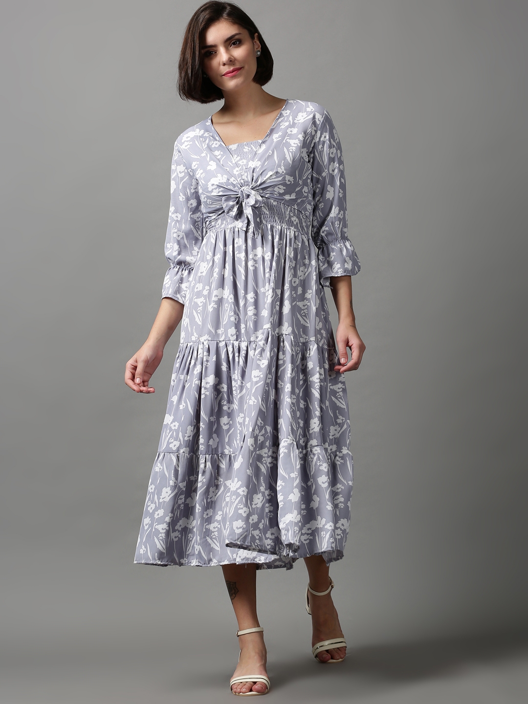 Showoff | SHOWOFF Women Grey Printed Shoulder Straps Sleeveless Midi Fit and Flare Dress 1