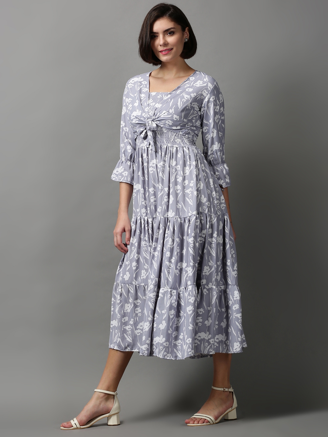Showoff | SHOWOFF Women Grey Printed Shoulder Straps Sleeveless Midi Fit and Flare Dress 2