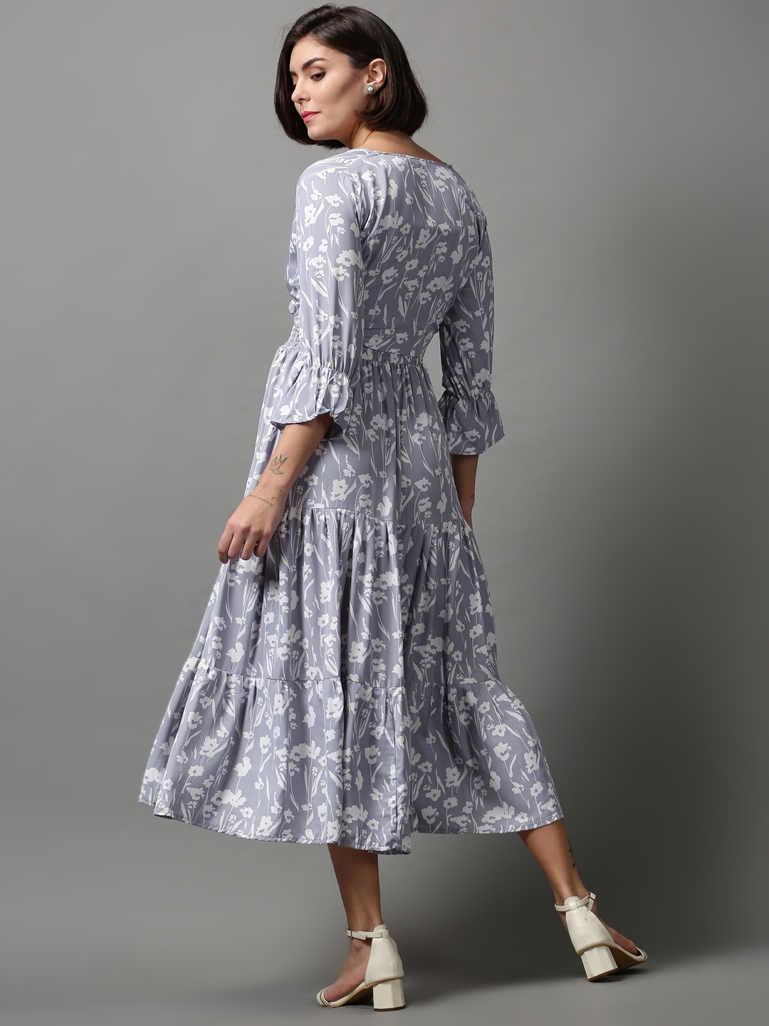 Showoff | SHOWOFF Women Grey Printed Shoulder Straps Sleeveless Midi Fit and Flare Dress 3