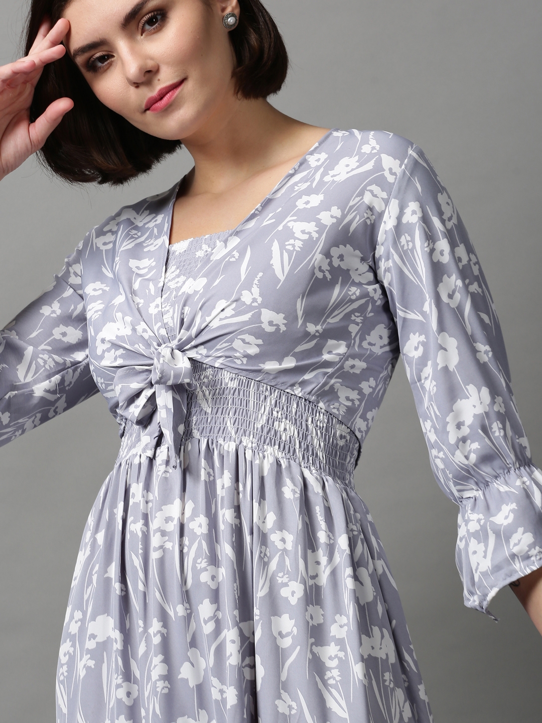Showoff | SHOWOFF Women Grey Printed Shoulder Straps Sleeveless Midi Fit and Flare Dress 5