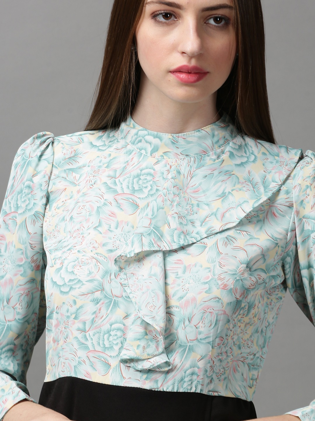 SHOWOFF Women Green Printed High Neck Full Sleeves Knee length Blouson Dress