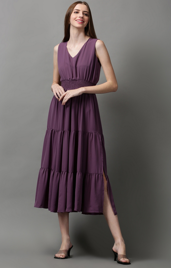 Showoff | SHOWOFF Women Violet Solid V Neck Sleeveless Maxi Fit and Flare Dress 0