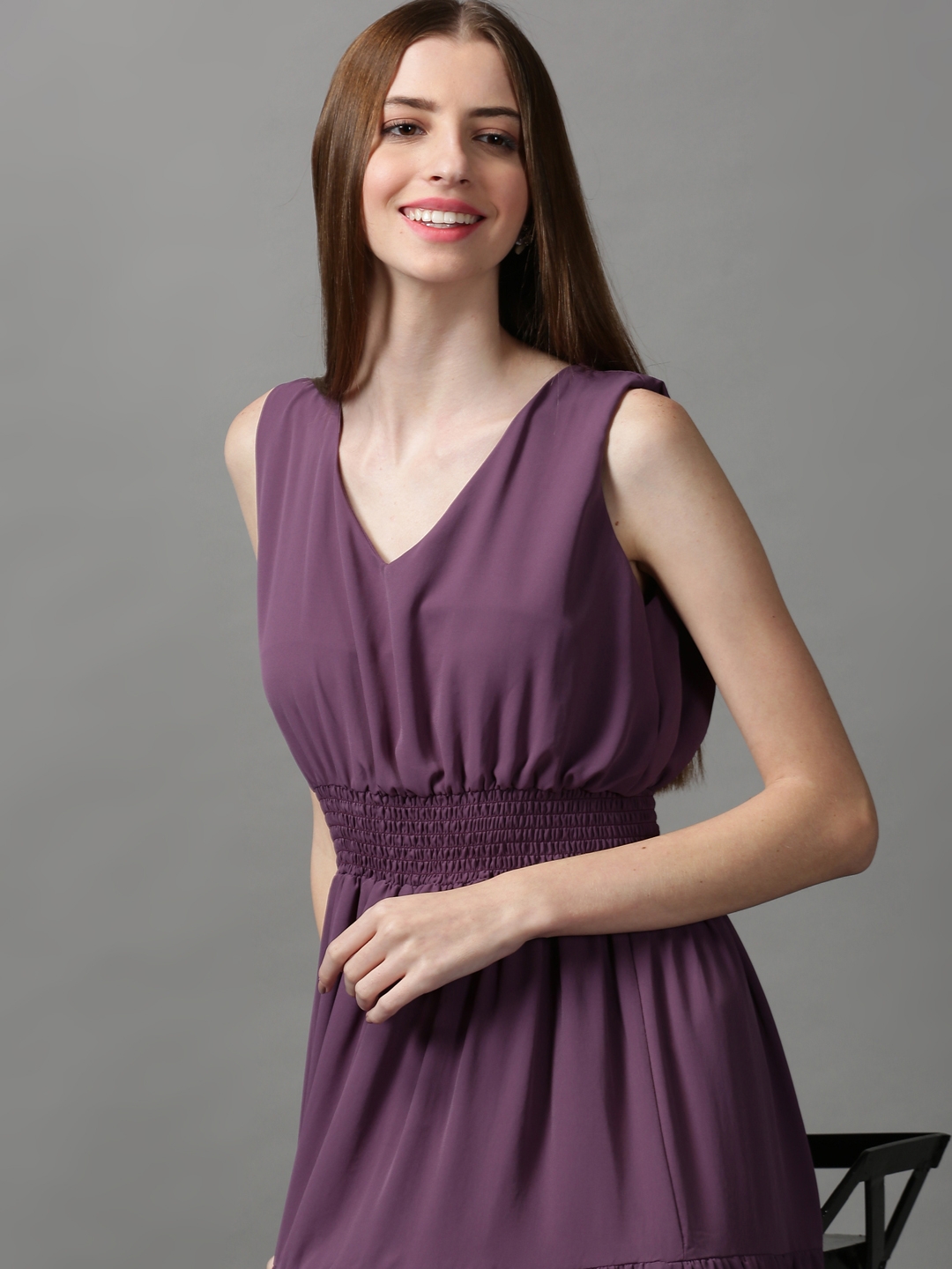 Showoff | SHOWOFF Women Violet Solid V Neck Sleeveless Maxi Fit and Flare Dress 1