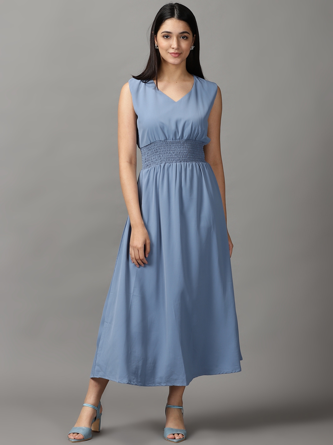 Showoff | SHOWOFF Women Blue Solid Round Neck Sleeveless Maxi A-Line Dress 1