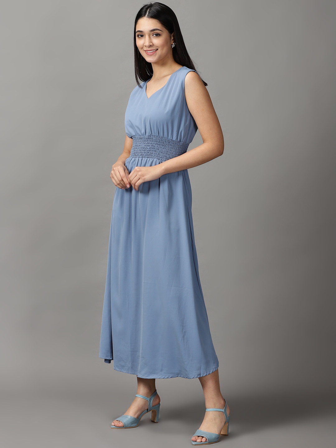 Showoff | SHOWOFF Women Blue Solid Round Neck Sleeveless Maxi A-Line Dress 2