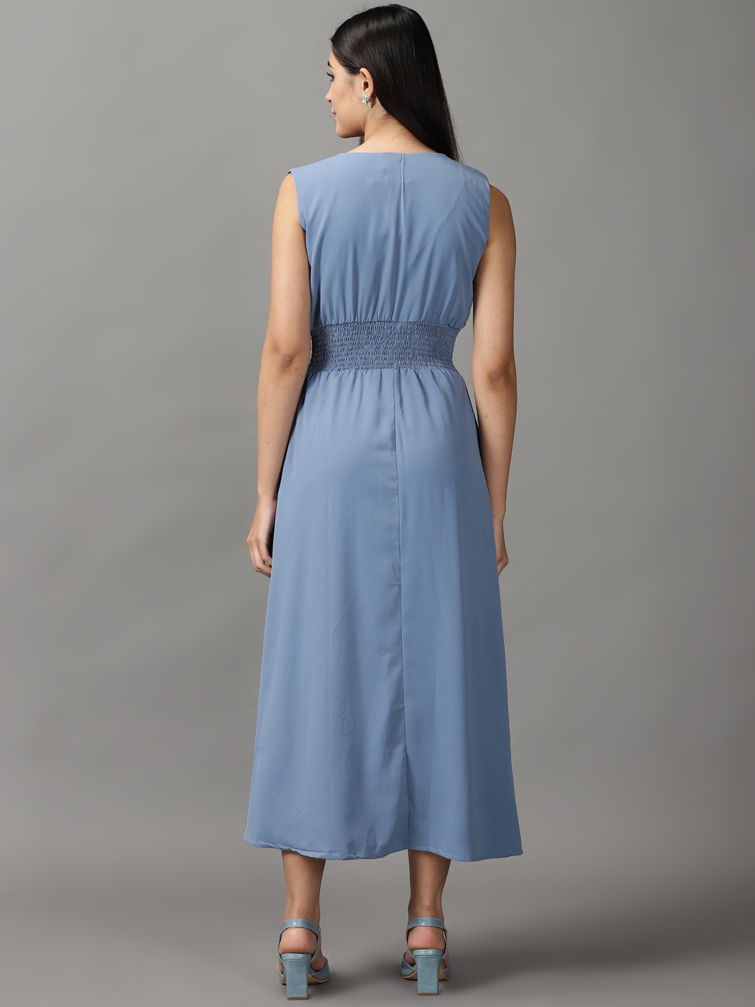 Showoff | SHOWOFF Women Blue Solid Round Neck Sleeveless Maxi A-Line Dress 3