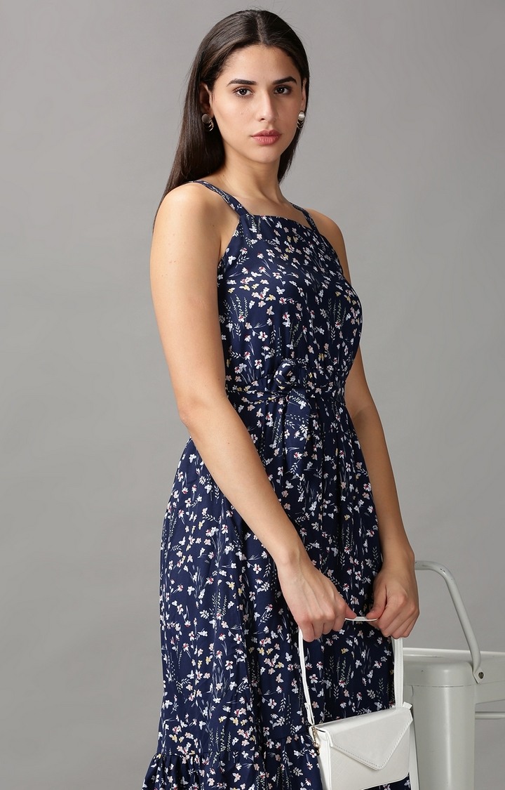 SHOWOFF Women Navy Blue Floral Shoulder Straps Sleeveless Maxi Fit and Flare Dress