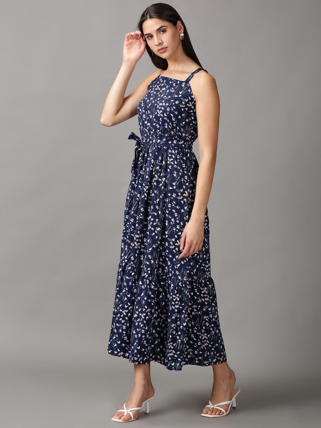 SHOWOFF Women Navy Blue Floral Shoulder Straps Sleeveless Maxi Fit and Flare Dress