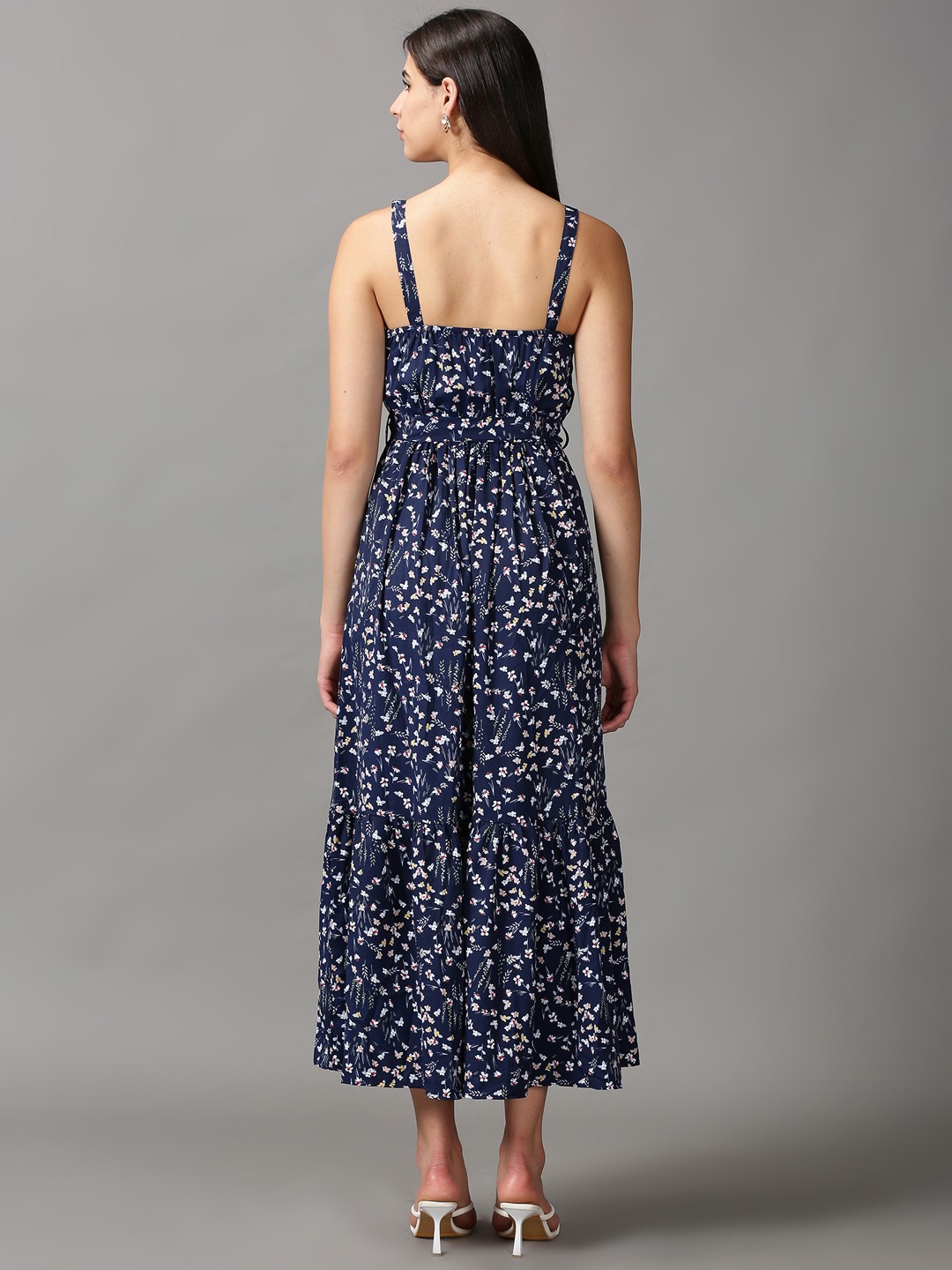 SHOWOFF Women Navy Blue Floral Shoulder Straps Sleeveless Maxi Fit and Flare Dress