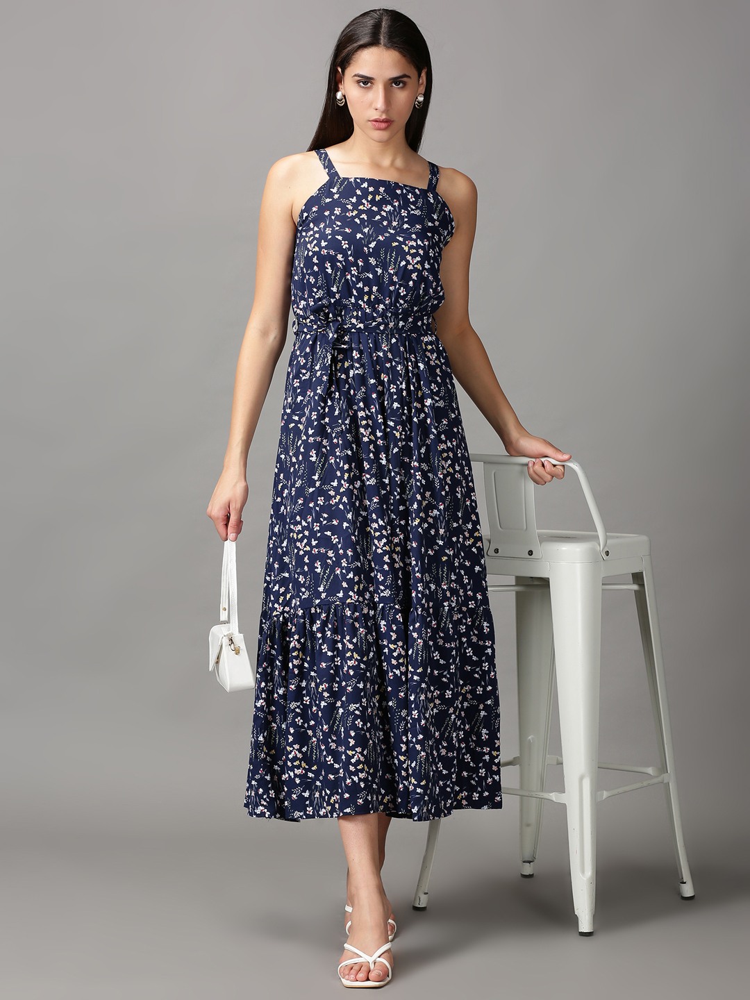 SHOWOFF Women Navy Blue Floral Shoulder Straps Sleeveless Maxi Fit and Flare Dress