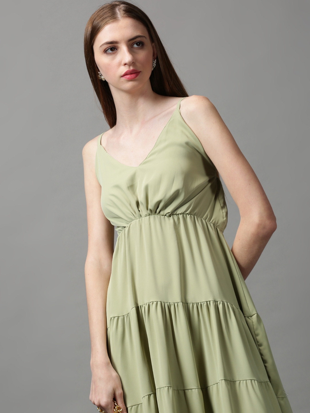 Showoff | SHOWOFF Women's V-Neck Solid Green Maxi Dress 1
