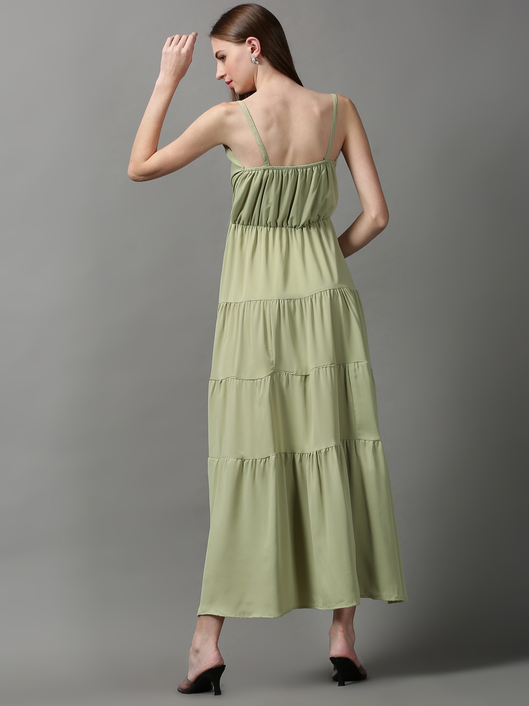 Showoff | SHOWOFF Women's V-Neck Solid Green Maxi Dress 3