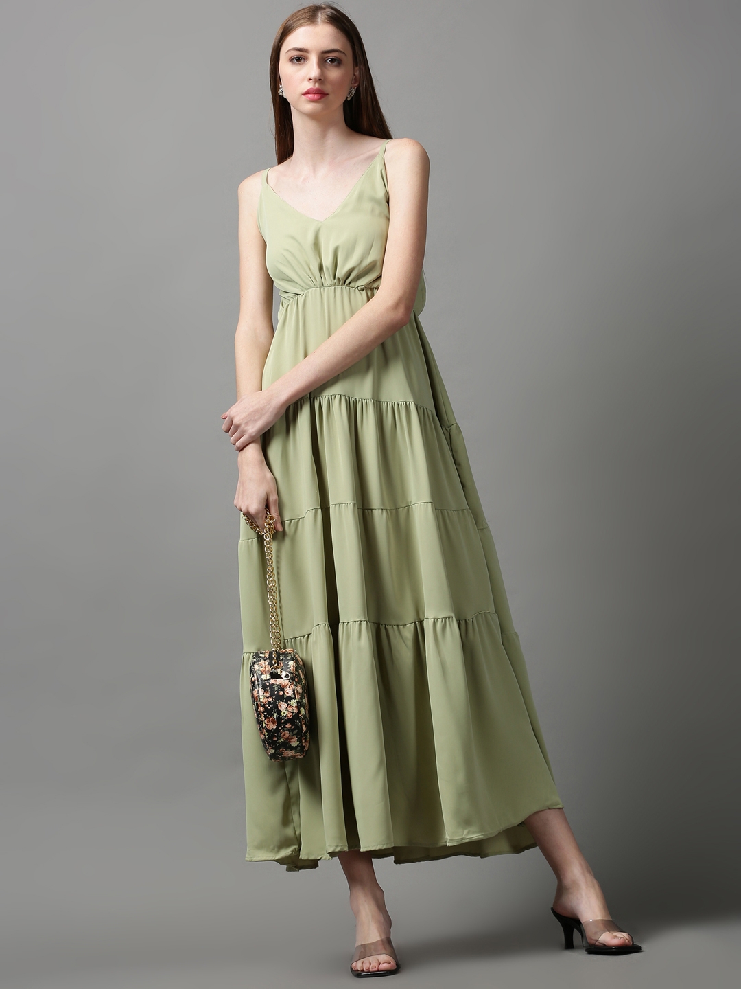 Showoff | SHOWOFF Women's V-Neck Solid Green Maxi Dress 4