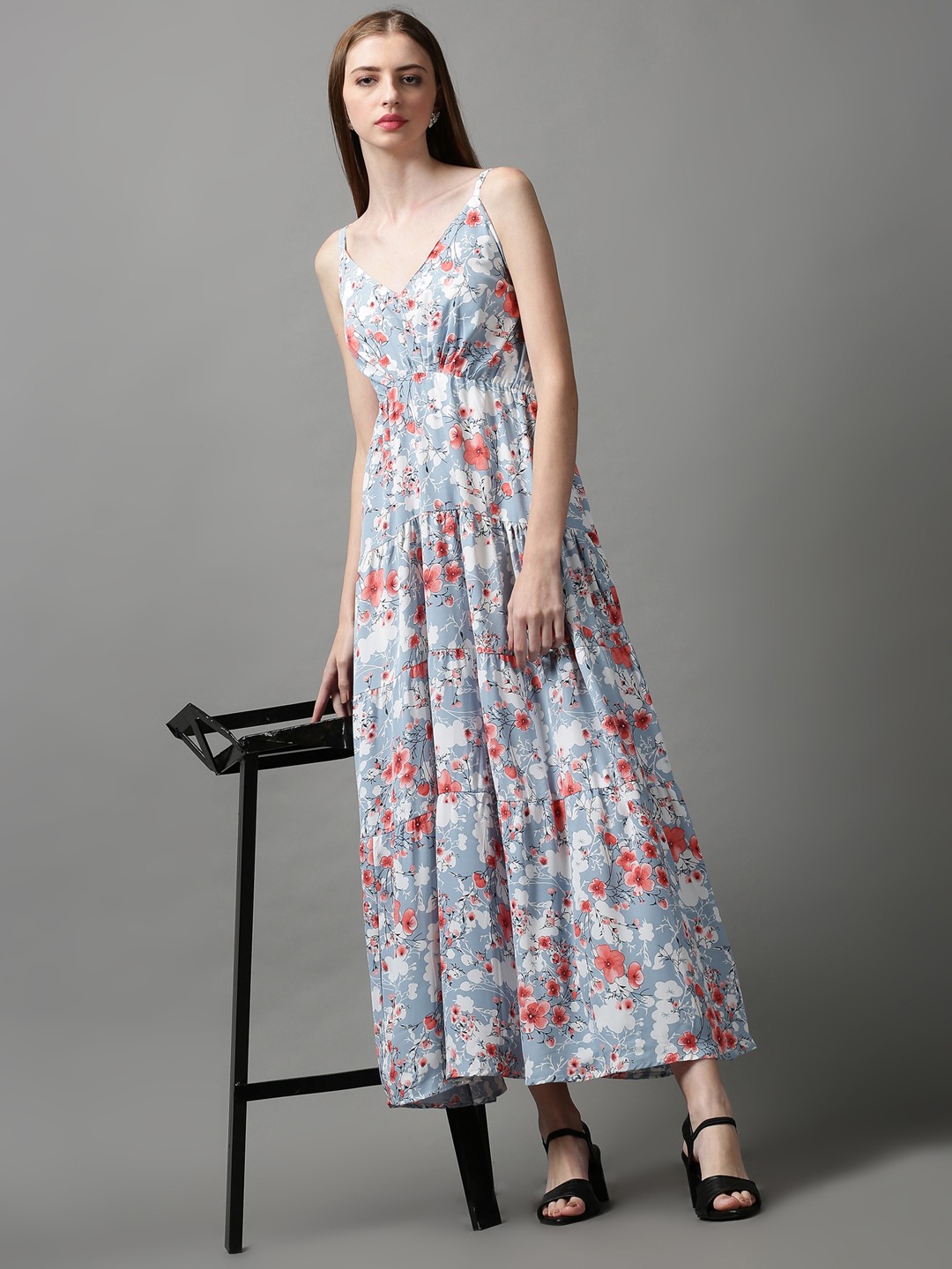 SHOWOFF Women's V-Neck Floral Blue Maxi Dress