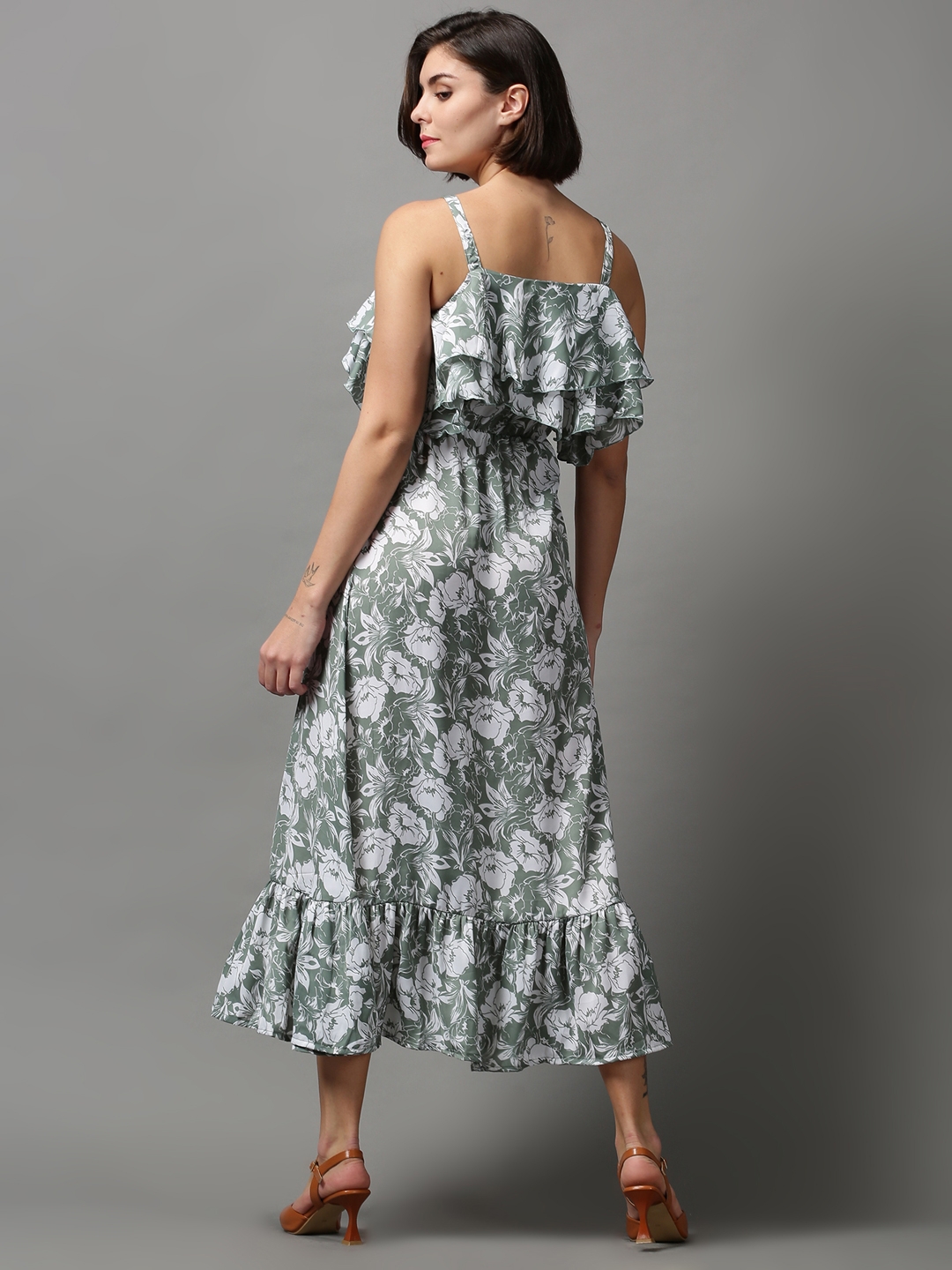 Showoff | SHOWOFF Women Green Printed Shoulder Straps Sleeveless Maxi Fit and Flare Dress 3