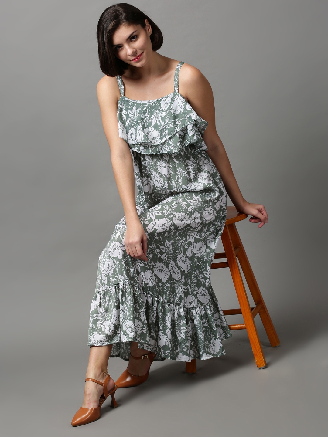 Showoff | SHOWOFF Women Green Printed Shoulder Straps Sleeveless Maxi Fit and Flare Dress 4