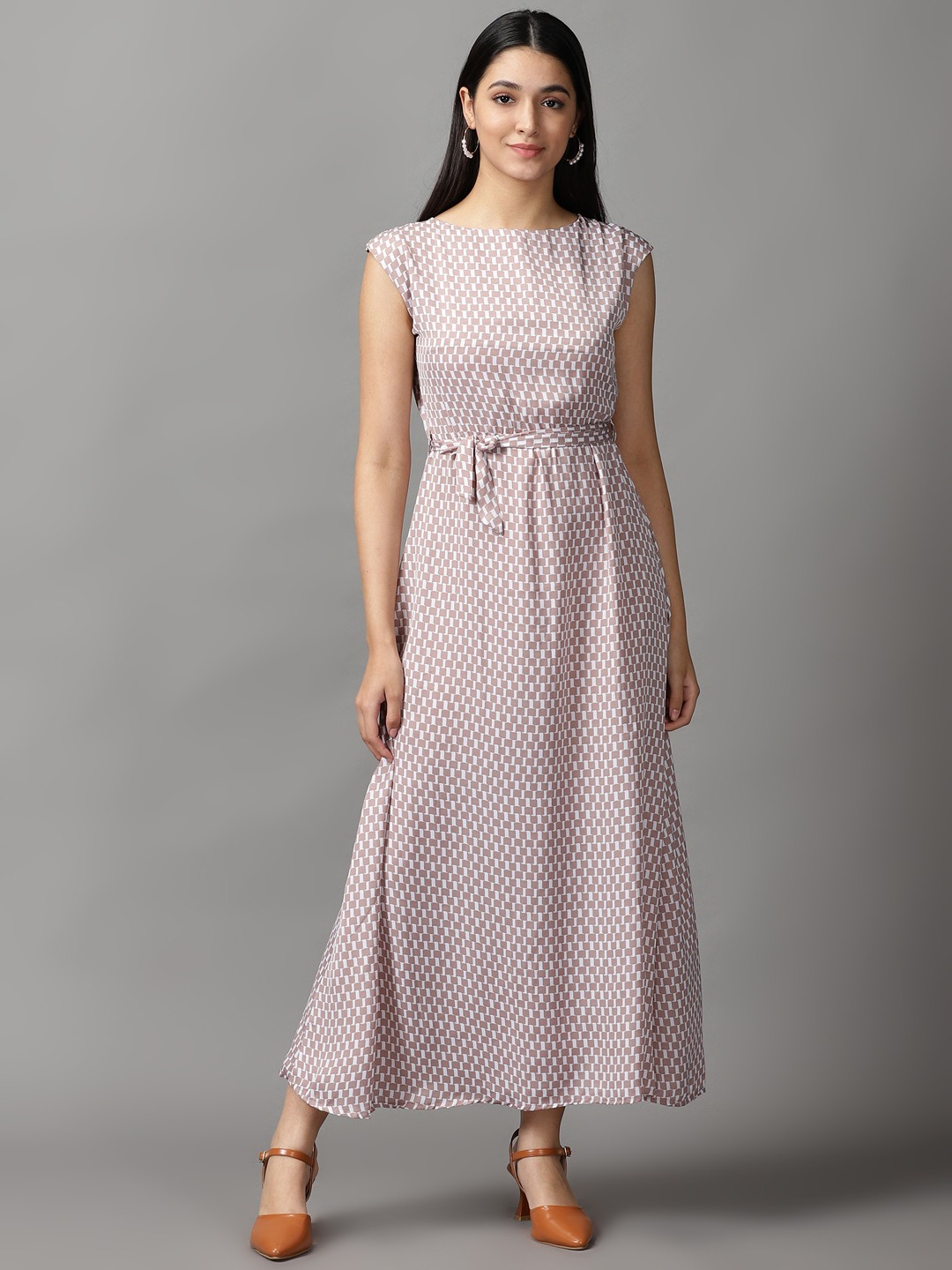 SHOWOFF Women Taupe Printed Boat Neck Sleeveless Maxi Fit and Flare Dress