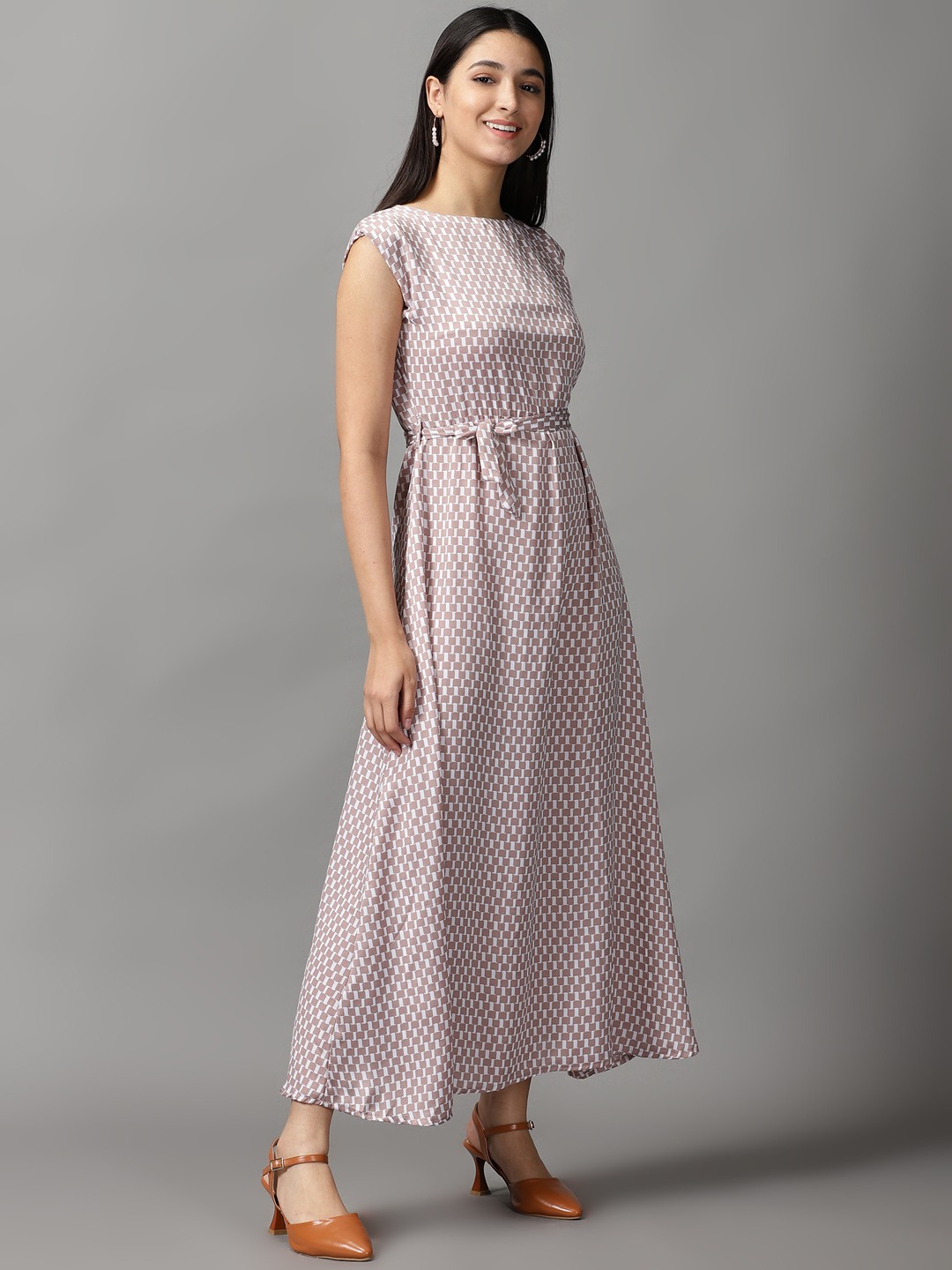 SHOWOFF Women Taupe Printed Boat Neck Sleeveless Maxi Fit and Flare Dress