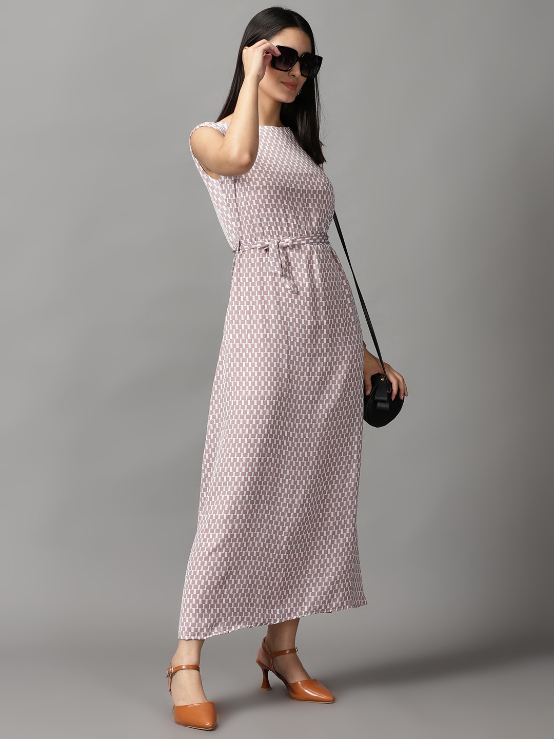 SHOWOFF Women Taupe Printed Boat Neck Sleeveless Maxi Fit and Flare Dress
