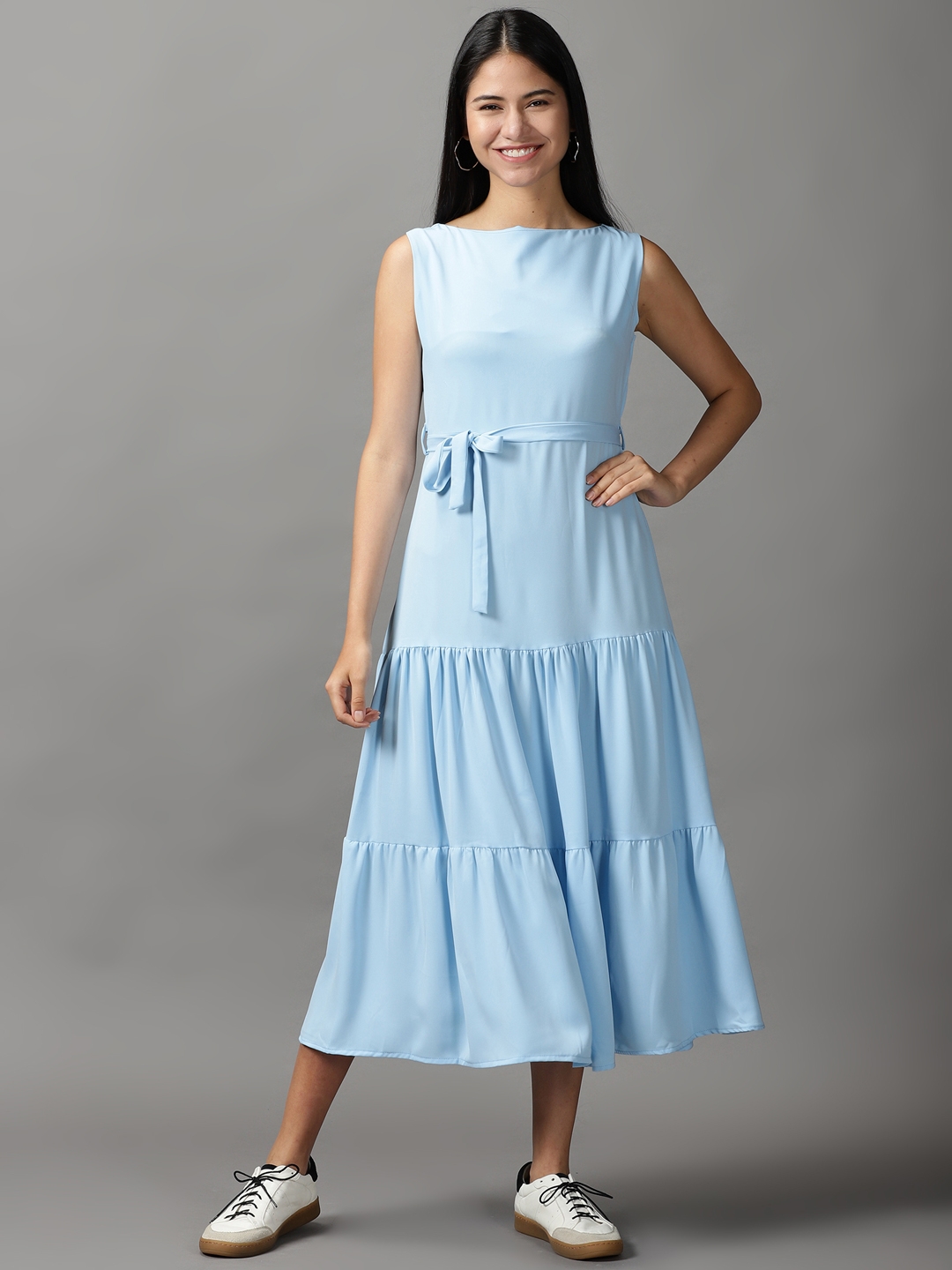 Showoff | SHOWOFF Women Blue Solid Round Neck Sleeveless Maxi Fit and Flare Dress 1