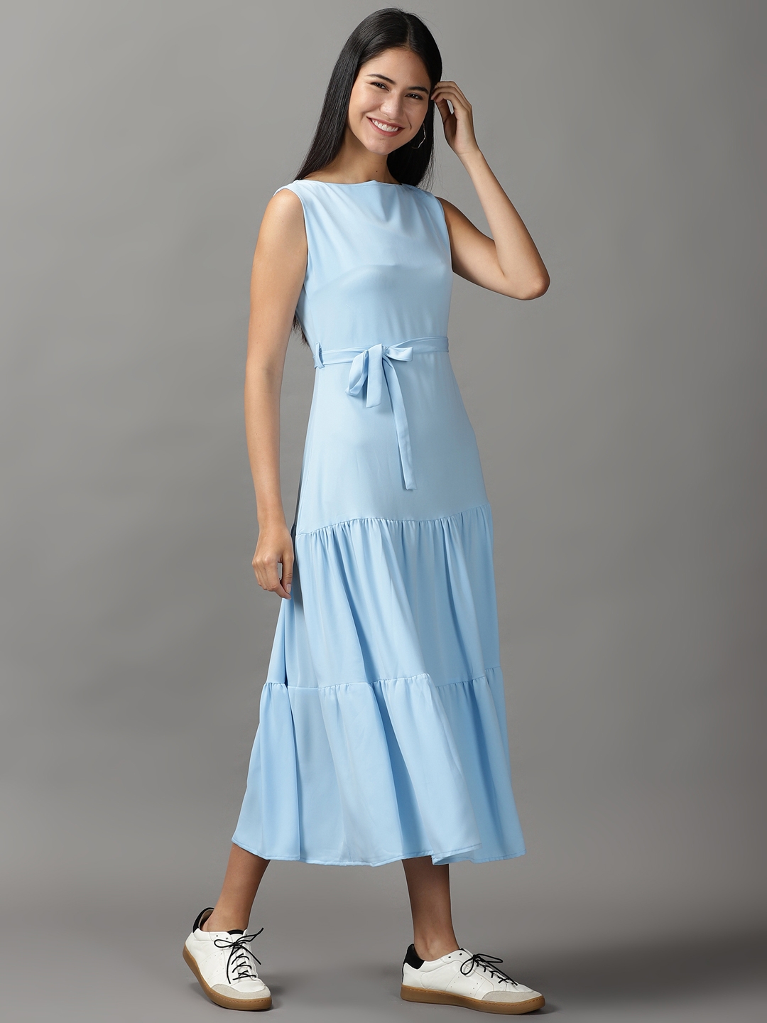 Showoff | SHOWOFF Women Blue Solid Round Neck Sleeveless Maxi Fit and Flare Dress 2