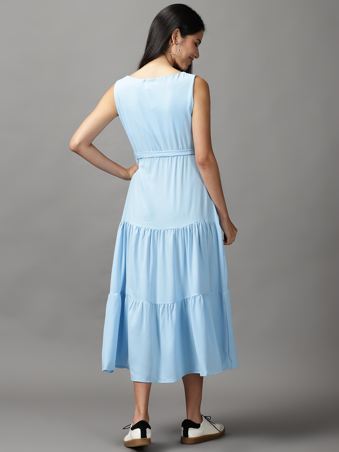 Showoff | SHOWOFF Women Blue Solid Round Neck Sleeveless Maxi Fit and Flare Dress 3