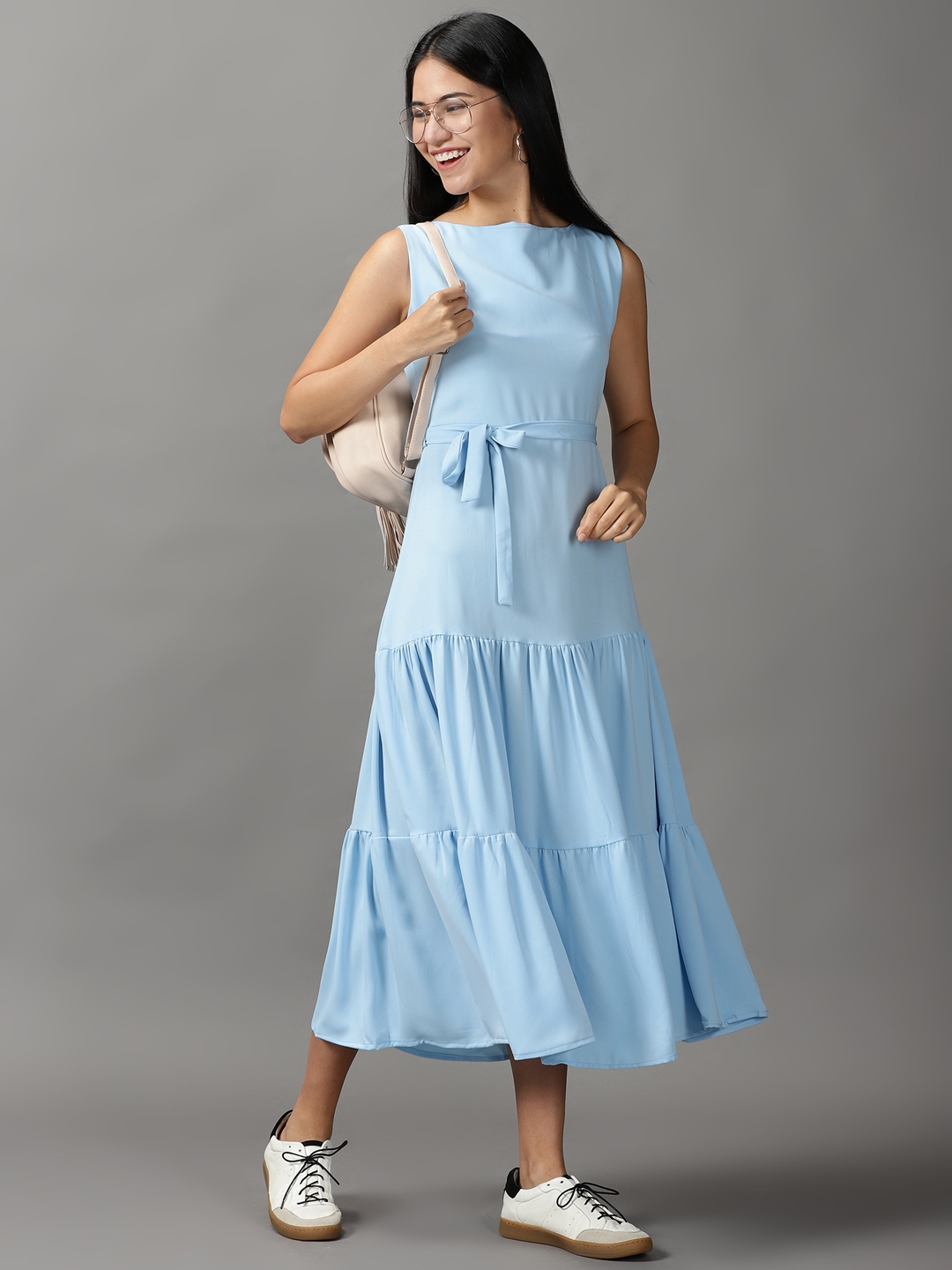 Showoff | SHOWOFF Women Blue Solid Round Neck Sleeveless Maxi Fit and Flare Dress 4