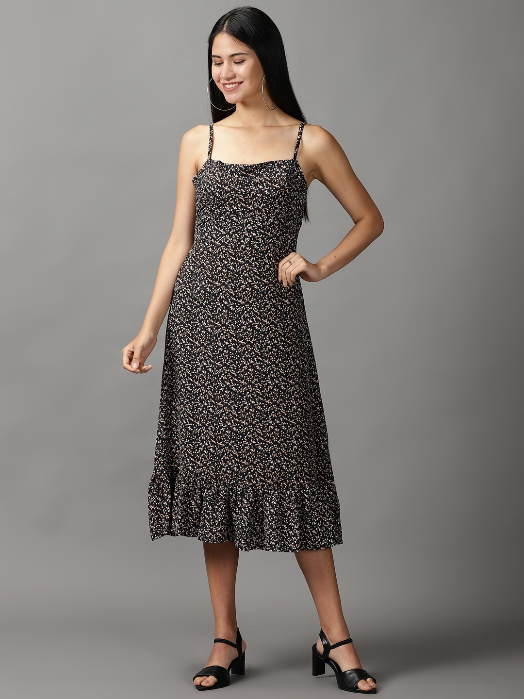 SHOWOFF Women Black Printed Shoulder Straps Sleeveless Maxi Fit and Flare Dress