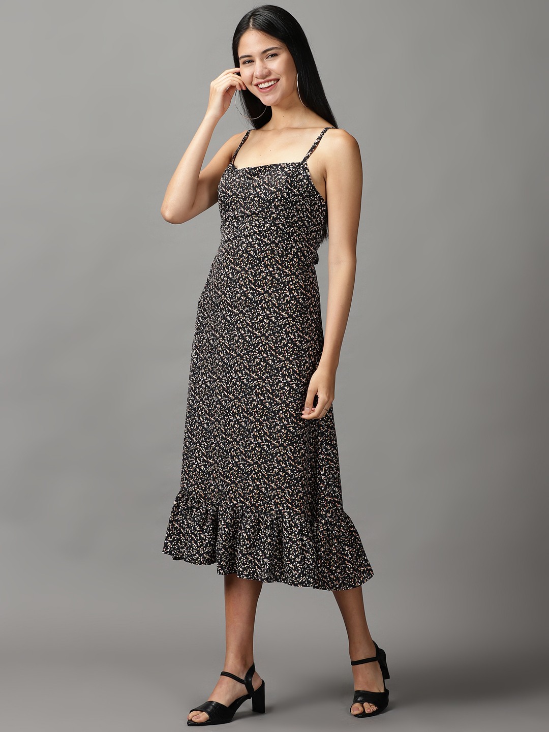 SHOWOFF Women Black Printed Shoulder Straps Sleeveless Maxi Fit and Flare Dress