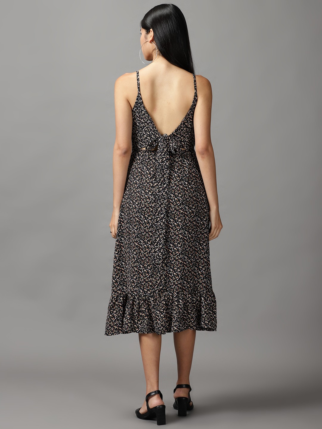 SHOWOFF Women Black Printed Shoulder Straps Sleeveless Maxi Fit and Flare Dress