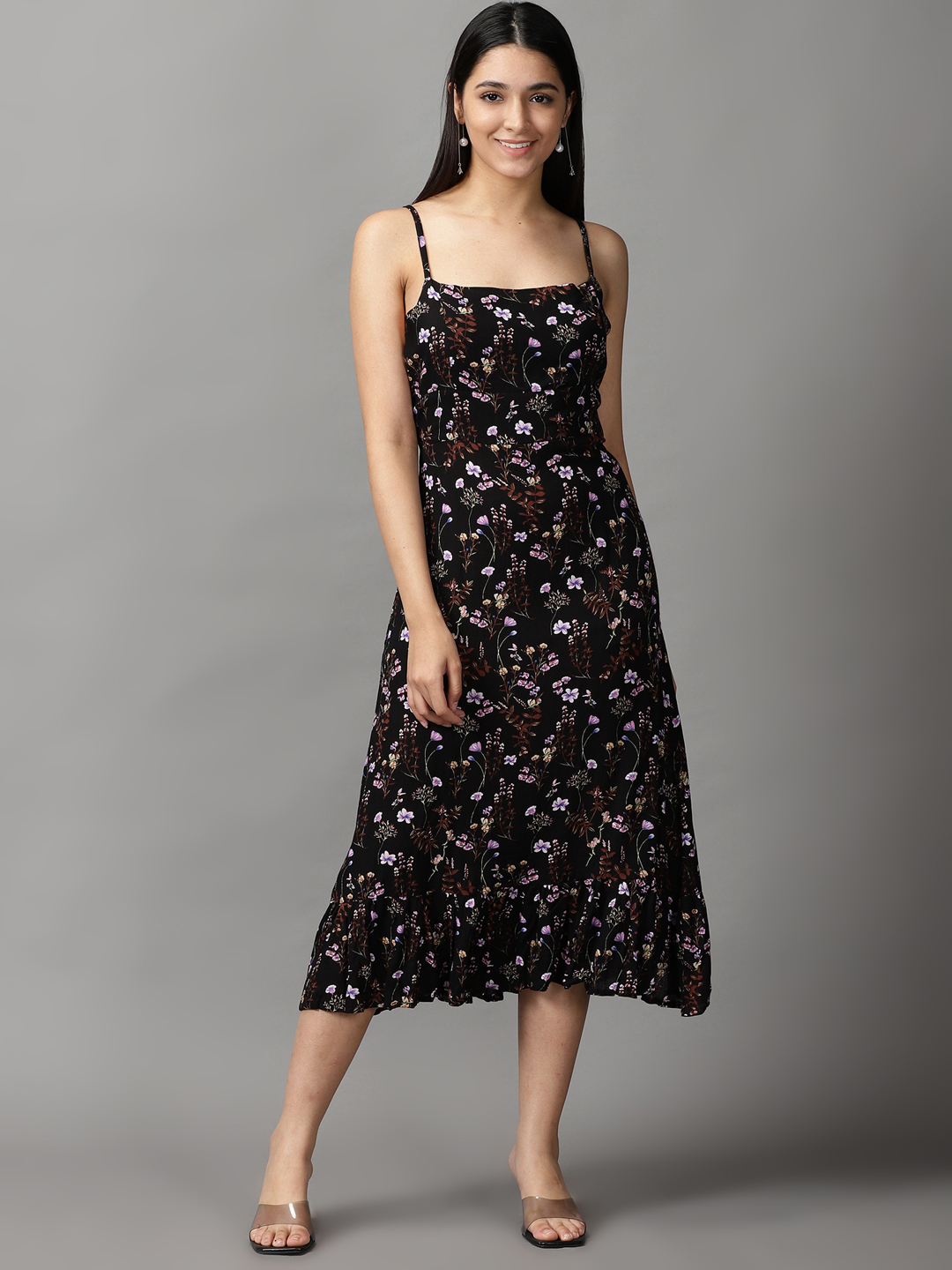 SHOWOFF Women Black Printed Square Neck Sleeveless Midi Fit and Flare Dress