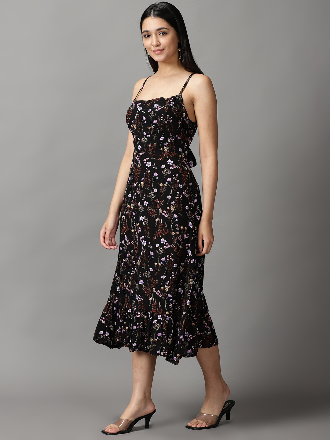 SHOWOFF Women Black Printed Square Neck Sleeveless Midi Fit and Flare Dress