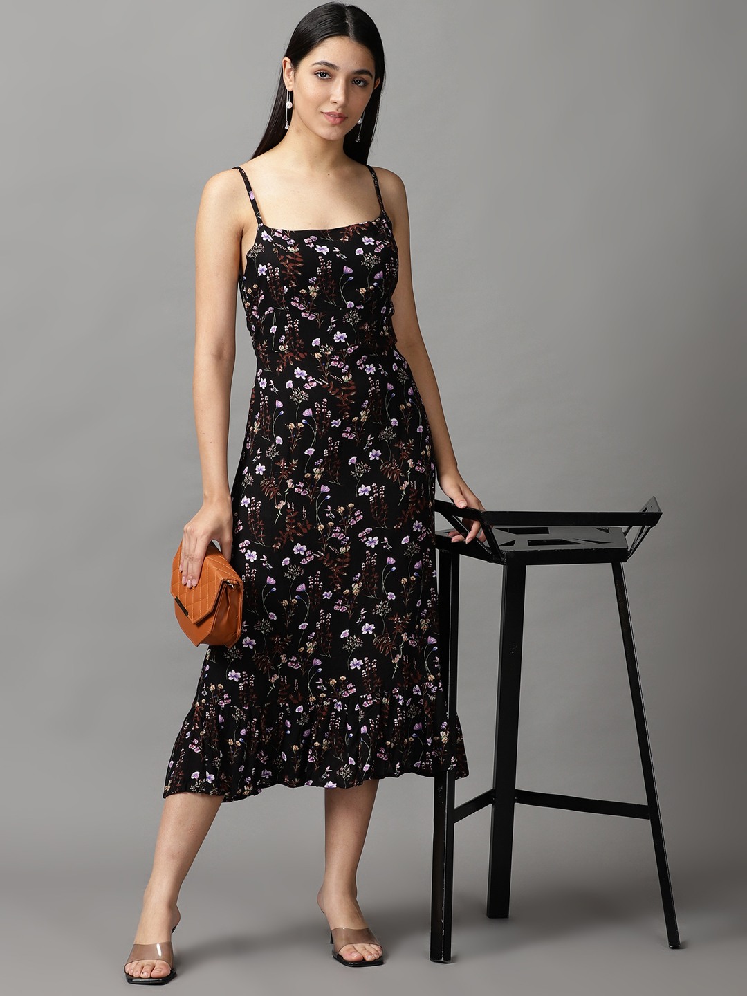 SHOWOFF Women Black Printed Square Neck Sleeveless Midi Fit and Flare Dress
