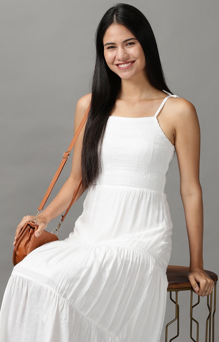 SHOWOFF Women White Solid Shoulder Straps Sleeveless Maxi Fit and Flare Dress