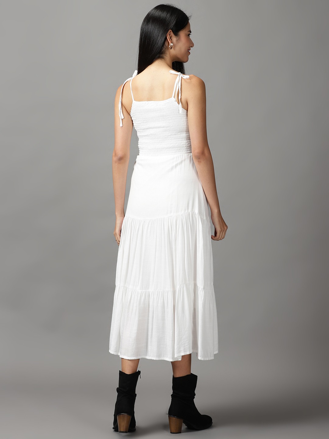 SHOWOFF Women White Solid Shoulder Straps Sleeveless Maxi Fit and Flare Dress