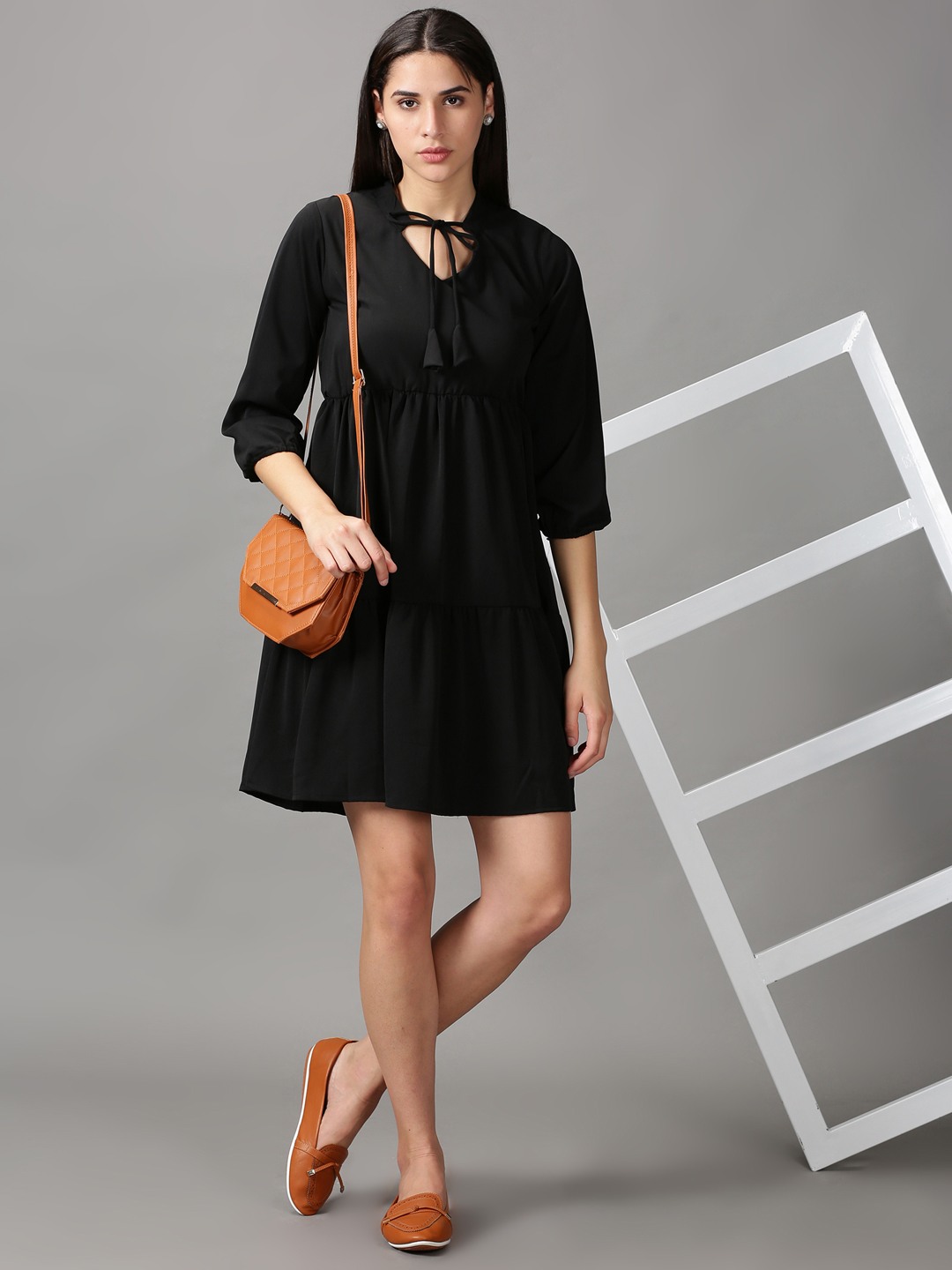 SHOWOFF Women Black Solid Keyhole Neck Three-Quarter Sleeves Above Knee Fit and Flare Dress