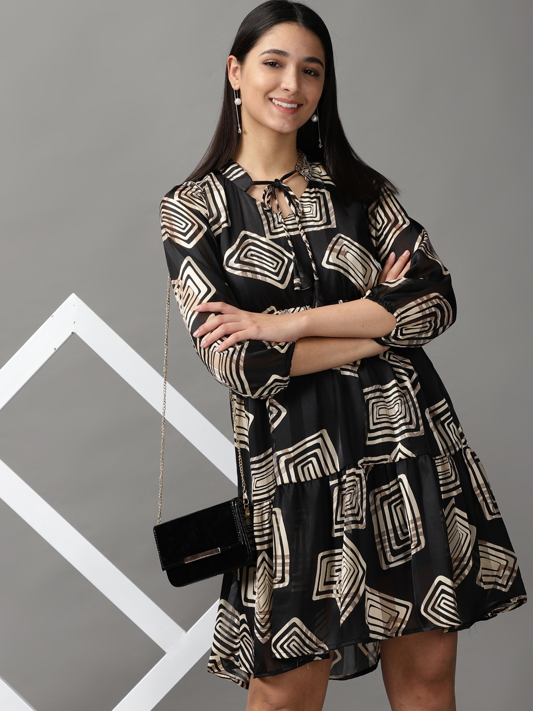 Showoff | SHOWOFF Women Black Printed Keyhole Neck Three-Quarter Sleeves Above Knee Fit and Flare Dress 0