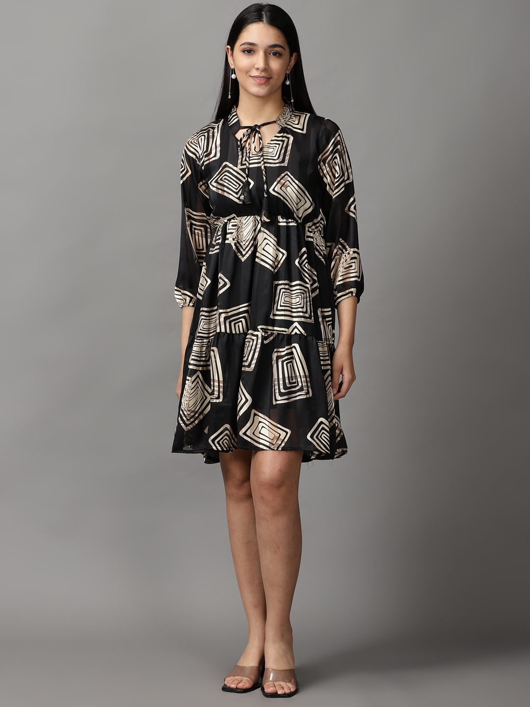 Showoff | SHOWOFF Women Black Printed Keyhole Neck Three-Quarter Sleeves Above Knee Fit and Flare Dress 1