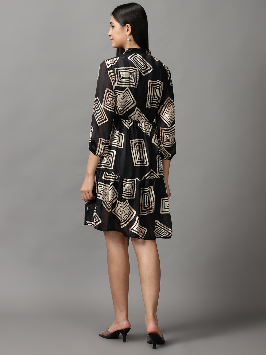 Showoff | SHOWOFF Women Black Printed Keyhole Neck Three-Quarter Sleeves Above Knee Fit and Flare Dress 3