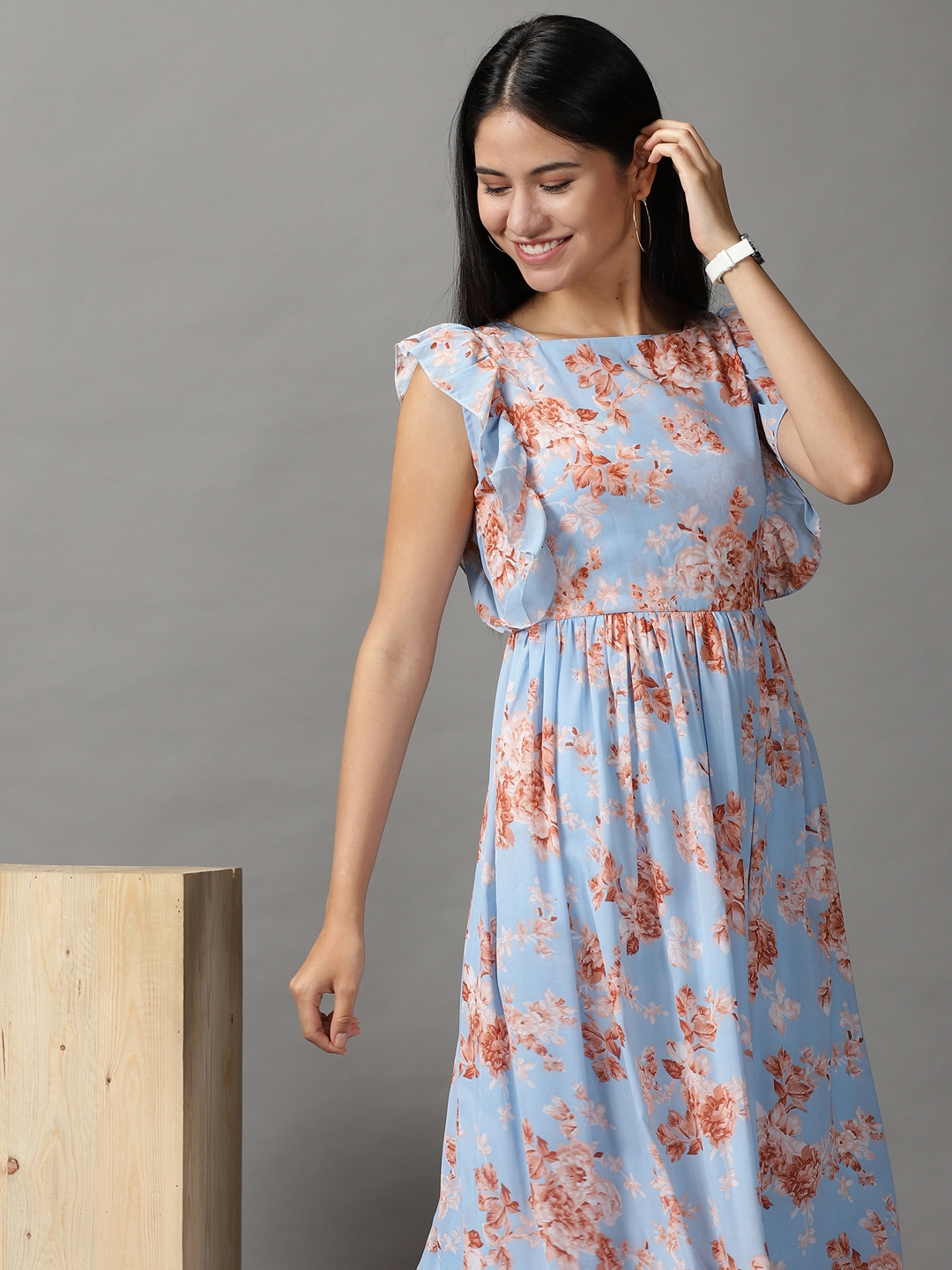 Showoff | SHOWOFF Women Blue Printed Round Neck Short Sleeves Maxi Fit and Flare Dress 0